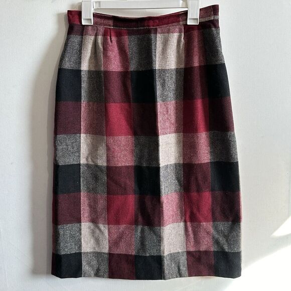 Vintage Dresses & Skirts - Vintage Black Red Tartan Wool Long Calf Length Midi Pencil Skirt W31" L30" 14